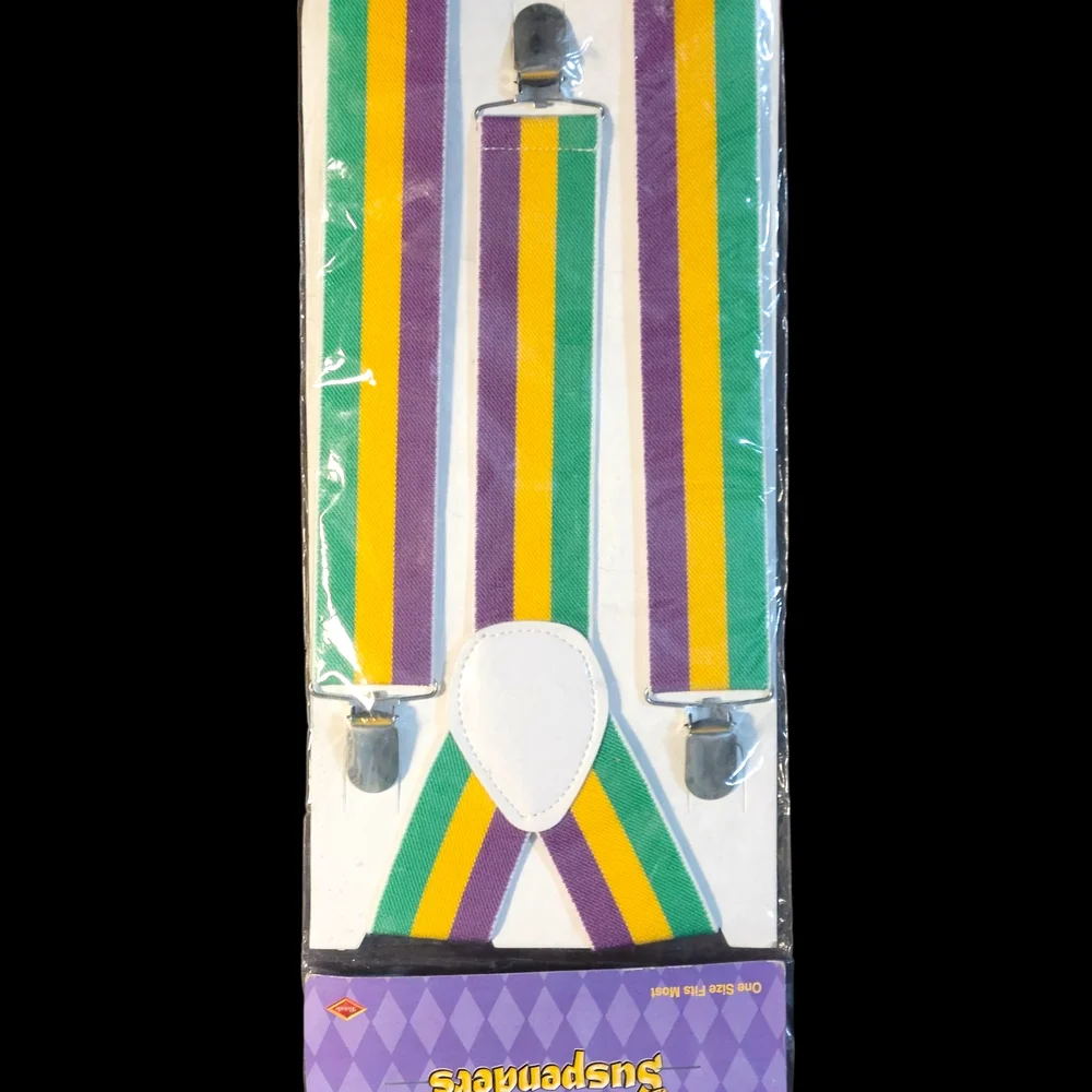 Amscan Mardi Gras Suspenders and Tights Set - Vibrant Purple, Green, Yellow